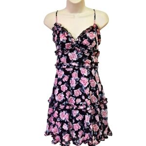 B. DARLIN Black/Pink MultiColor Floral Sleeveless Ruffle Dress,Size 9/10Juniors